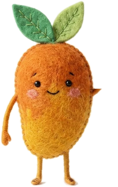 A felt mango character waving