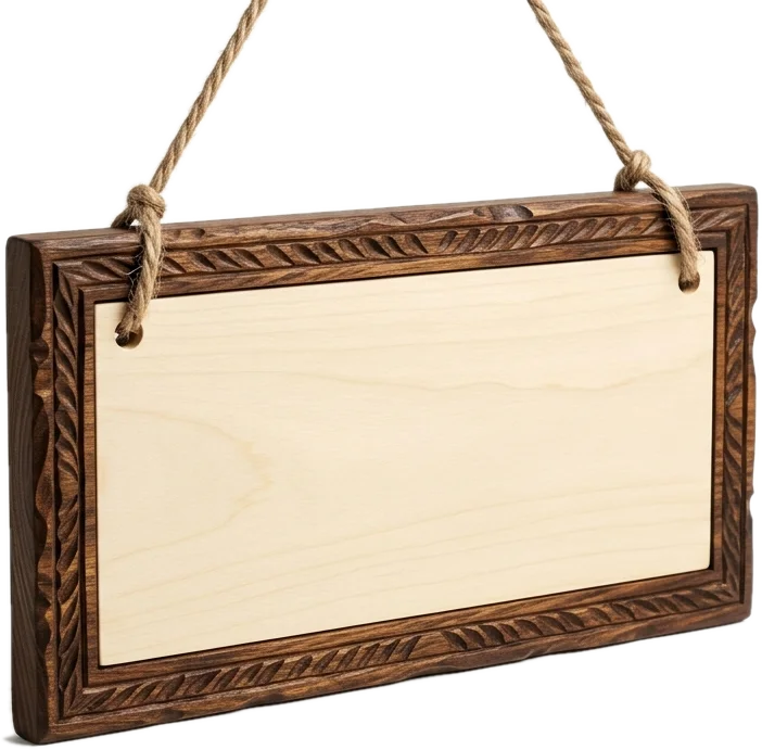 A wooden signboard hanging from the mango tree